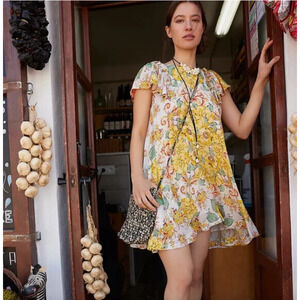 NWT Free People Yara Floral Ivory Combo Flowy Flutter Sleeves Mini Dress M